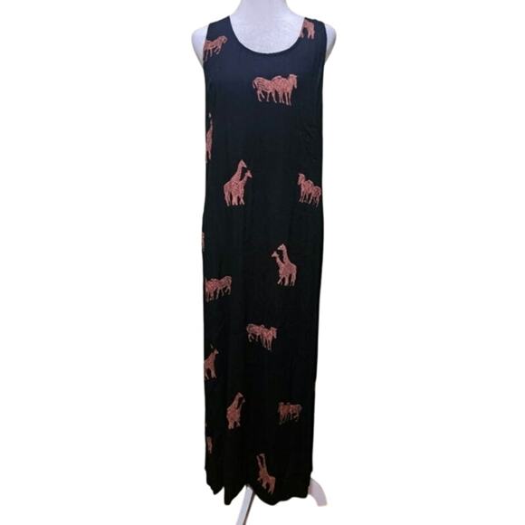 Unknown Dresses & Skirts - Vintage Black Maxi Dress with Brown Zebra & Giraffe Size 12 Boho Earthy